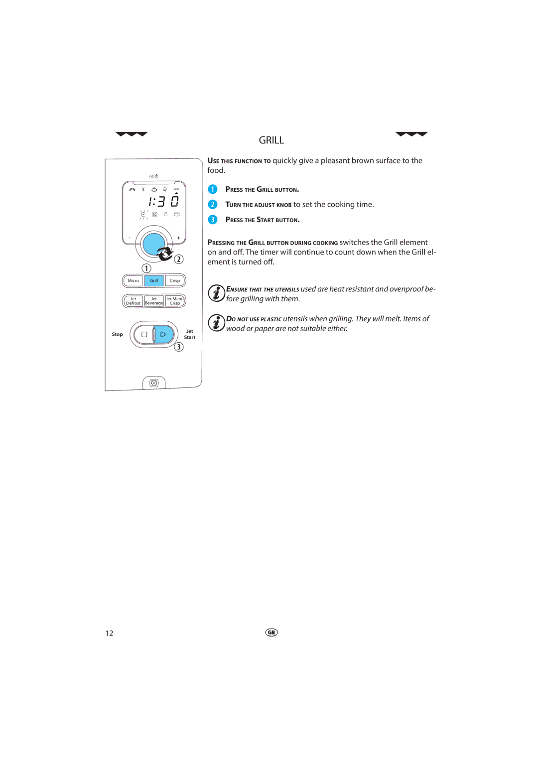 Whirlpool VT 265 manual Grill, Turn the Adjust Knob to set the cooking time 