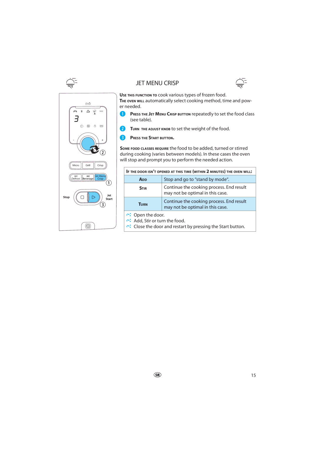 Whirlpool VT 265 manual JET Menu Crisp, Stop and go to stand by mode, Continue the cooking process. End result 