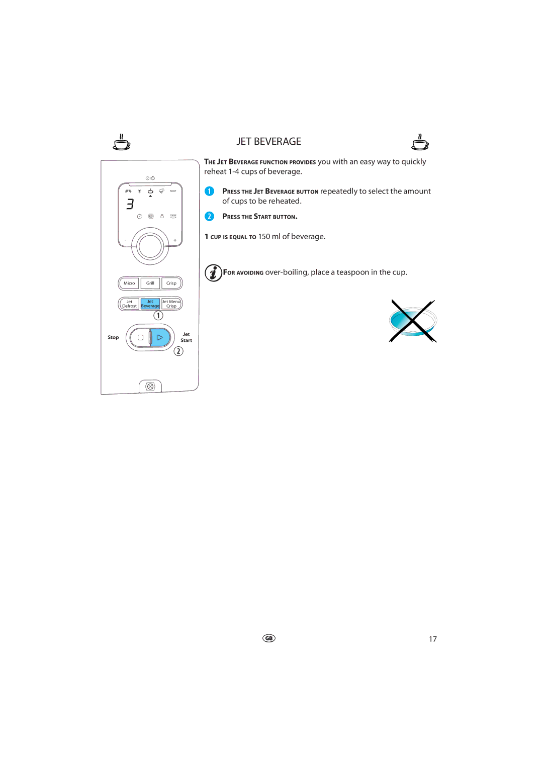 Whirlpool VT 265 manual JET Beverage, Reheat 1-4 cups of beverage 