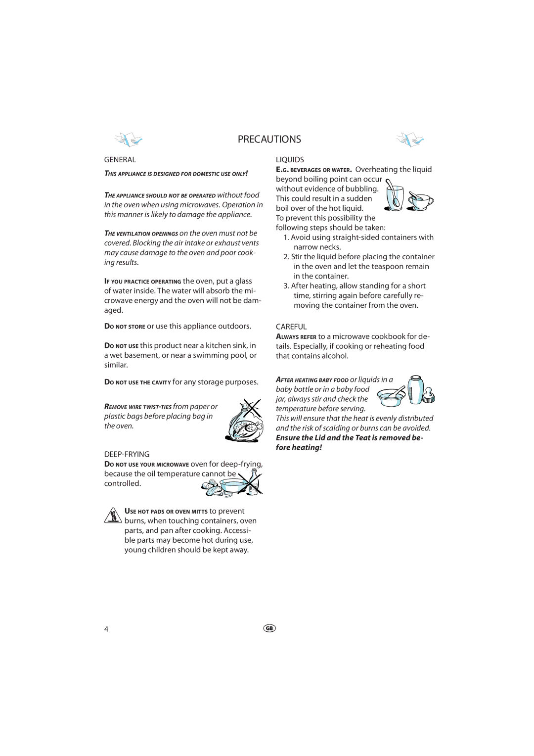 Whirlpool VT 265 manual Precautions, General, Deep-Frying, Liquids, Careful 