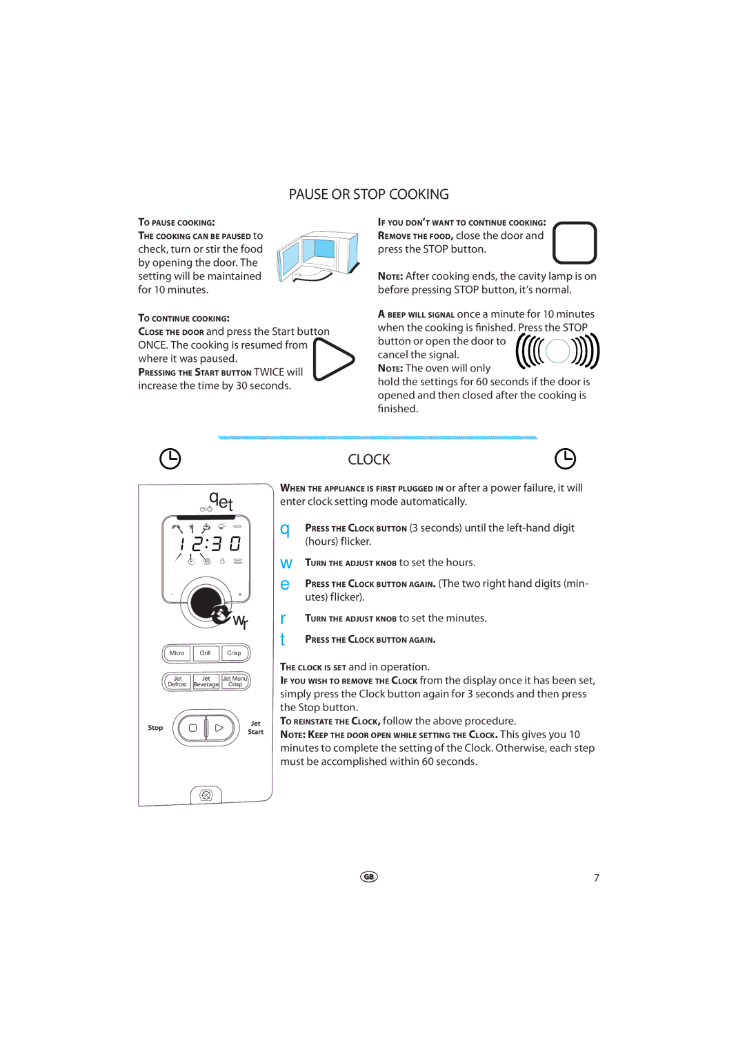 Whirlpool VT 265 manual Pause or Stop Cooking, Clock, Increase the time by 30 seconds 