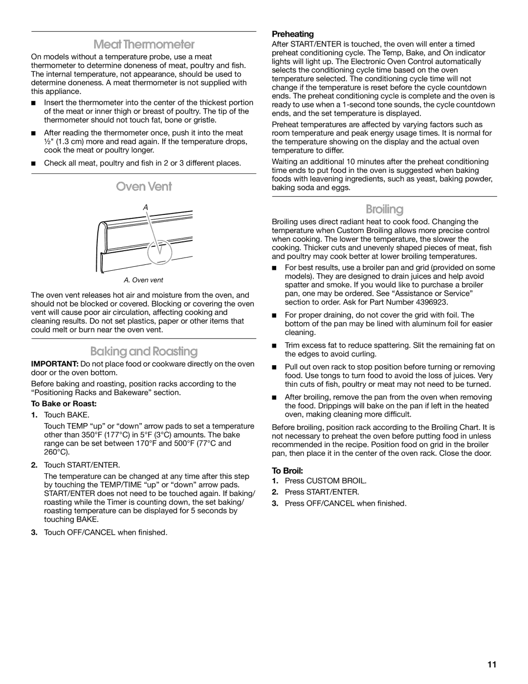 Whirlpool W10017570 manual Meat Thermometer, Oven Vent, Baking and Roasting, Broiling 