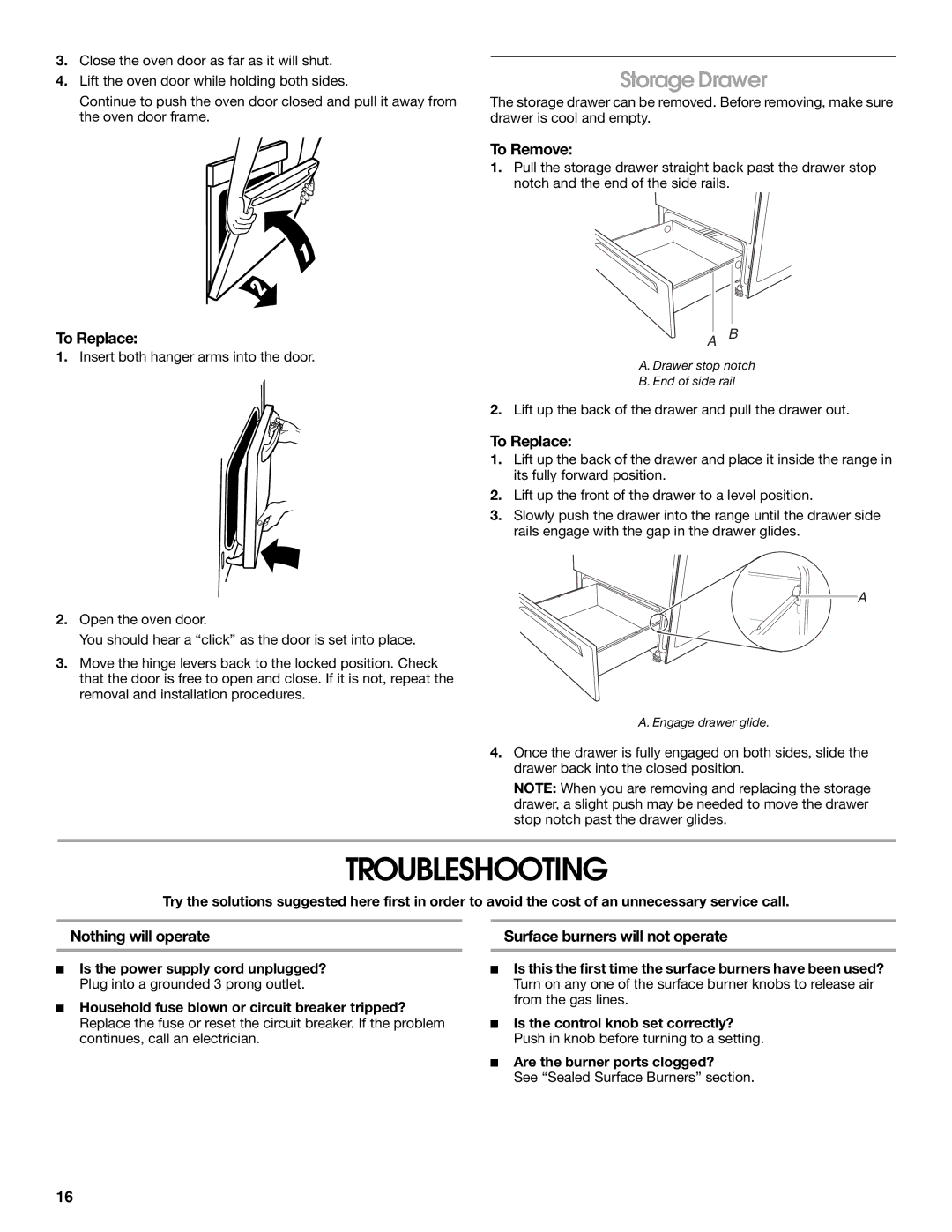 Whirlpool W10017570 manual Troubleshooting, Storage Drawer, Nothing will operate, Surface burners will not operate 