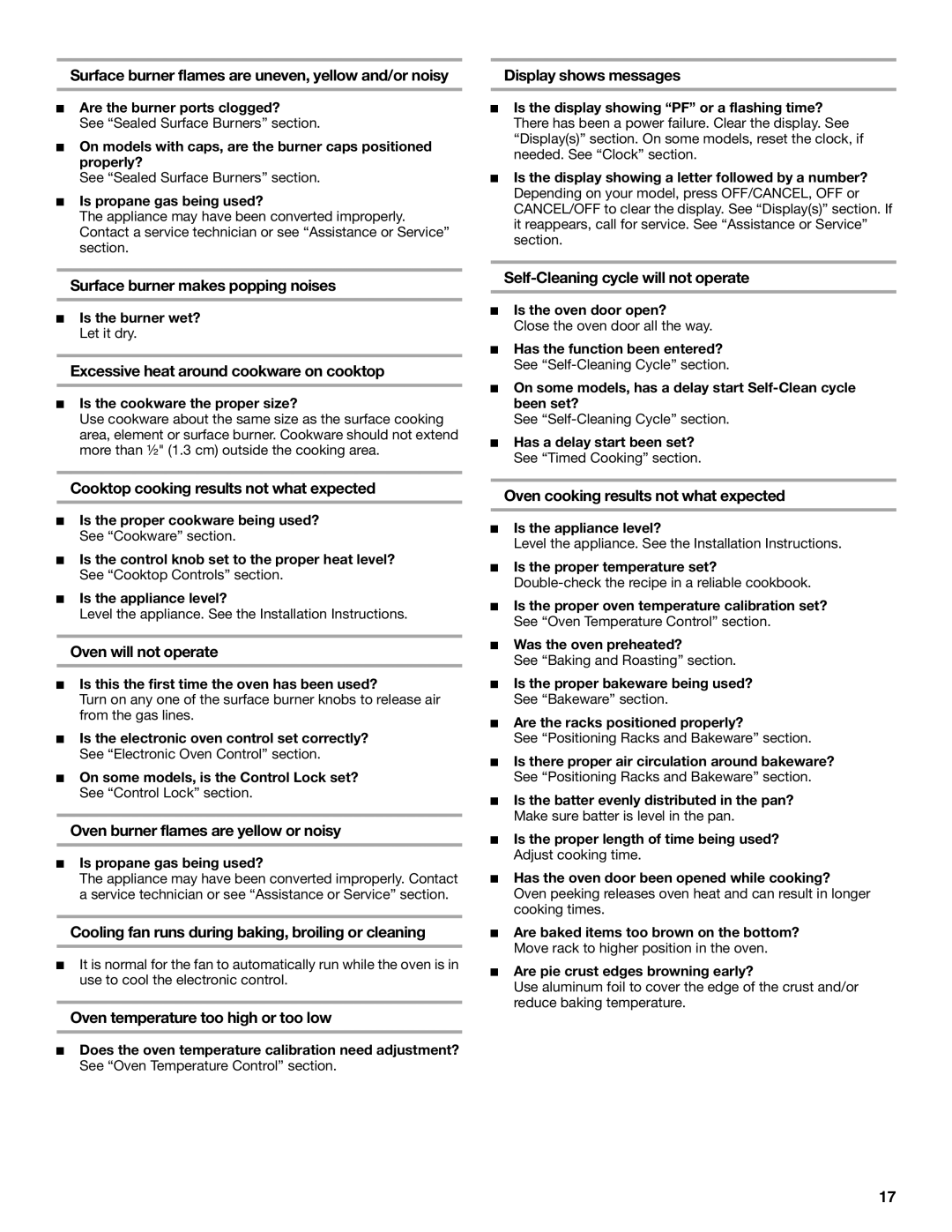 Whirlpool W10017570 manual Surface burner flames are uneven, yellow and/or noisy, Surface burner makes popping noises 