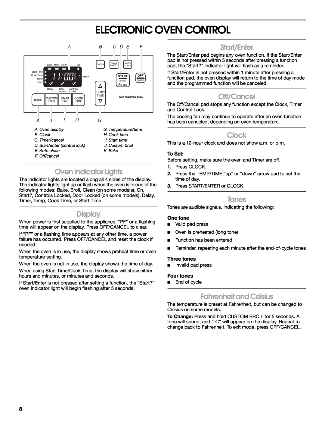 Whirlpool W10017570 Electronic Oven Control, Oven Indicator Lights, Display, Start/Enter, Off/Cancel, Clock, Tones, To Set 