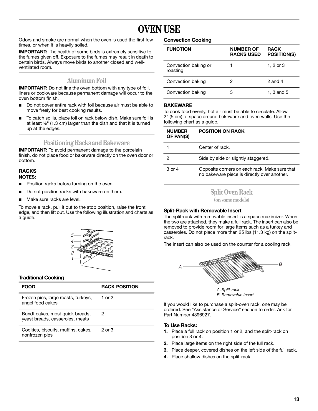 Whirlpool W10017610 manual Oven USE, AluminumFoil, Positioning RacksandBakeware, SplitOven Rack 