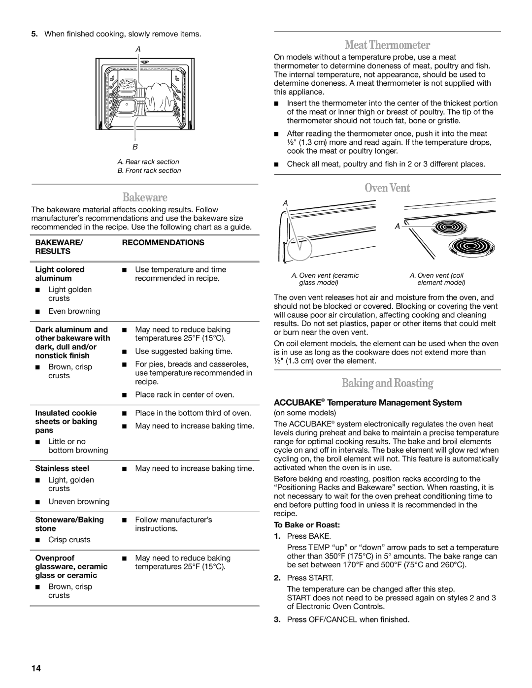 Whirlpool W10017610 manual Bakeware, MeatThermometer, Oven Vent, BakingandRoasting, Accubake Temperature Management System 