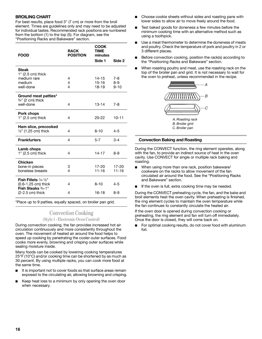 Whirlpool W10017610 ConvectionCooking, Style 1- ElectronicOvenControl, Broiling Chart, Convection Baking and Roasting 