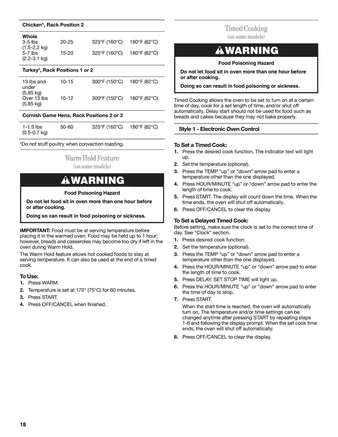 Whirlpool W10017610 manual WarmHoldFeature, TimedCooking, Style 1 Electronic Oven Control To Set a Timed Cook 