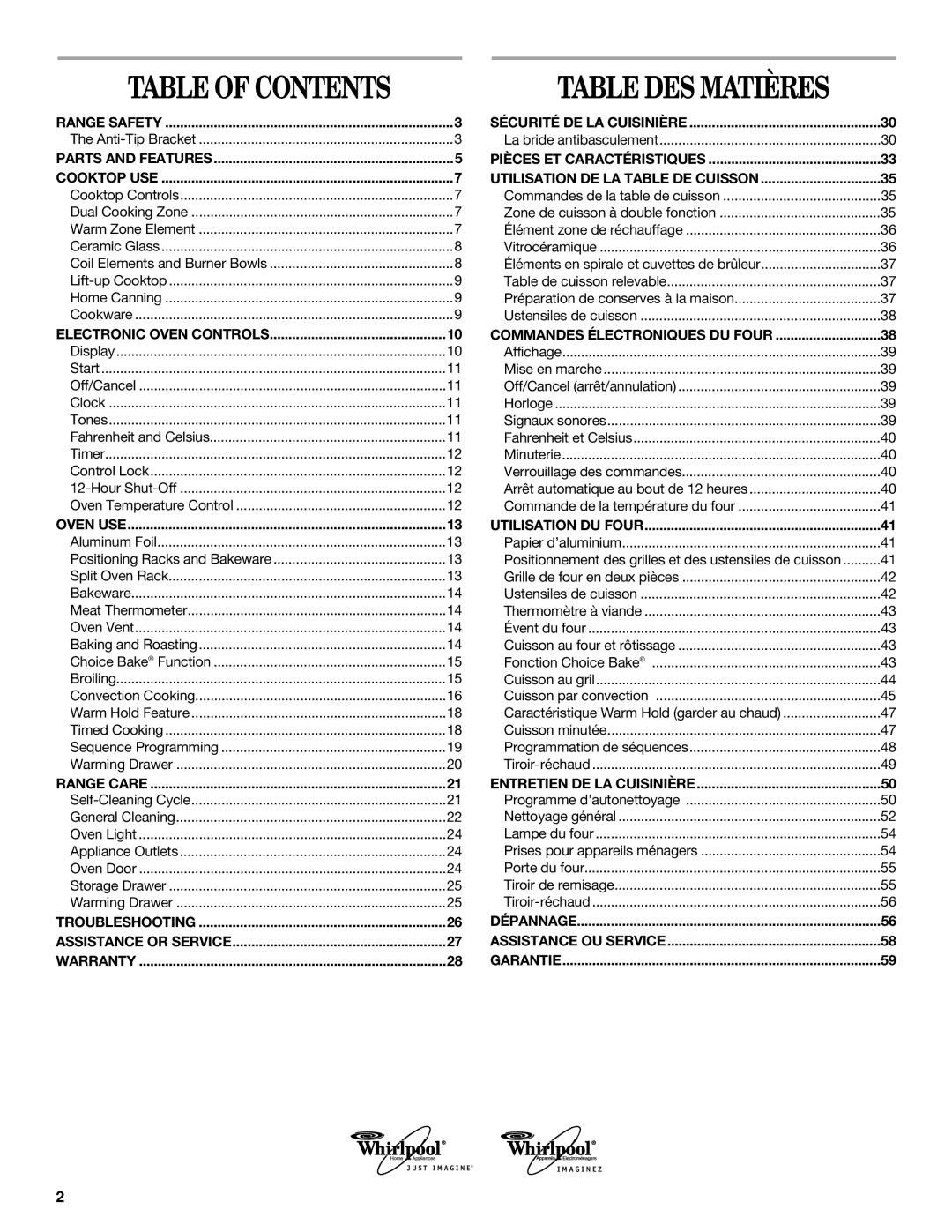 Whirlpool W10017610 manual Table DES Matières 