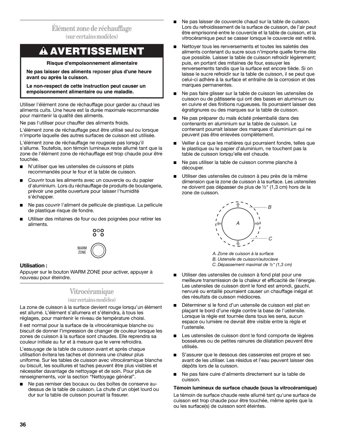 Whirlpool W10017610 manual Élémentzonederéchauffage, Vitrocéramique, Utilisation 