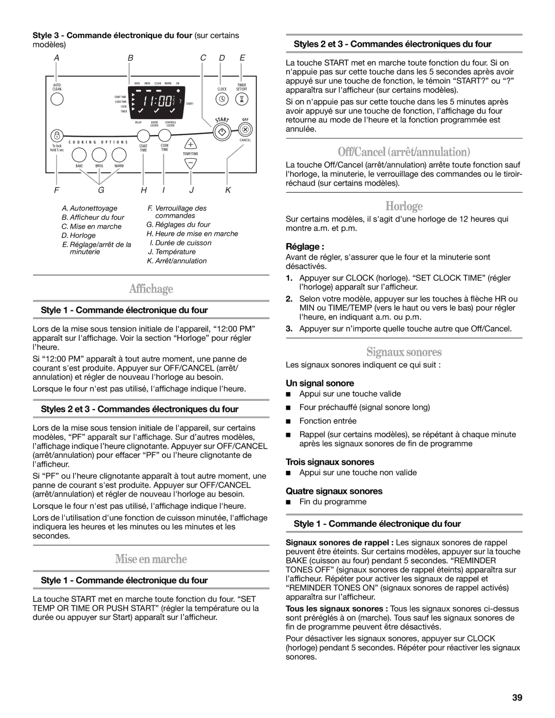 Whirlpool W10017610 manual Off/Cancelarrêt/annulation, Horloge, Affichage, Miseen marche, Signaux sonores 