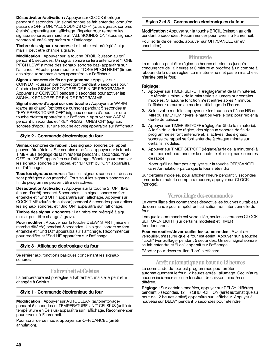 Whirlpool W10017610 manual FahrenheitetCelsius, Minuterie, Verrouillagedes commandes, Arrêtautomatiqueau boutde12heures 