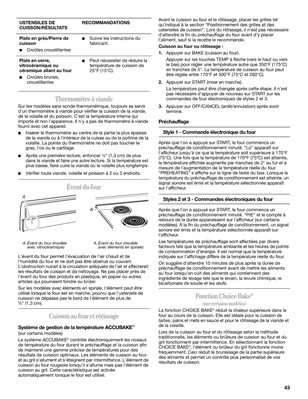 Whirlpool W10017610 manual Thermomètreà viande, Éventdu four, Cuisson au fouretrôtissage, Fonction ChoiceBake 