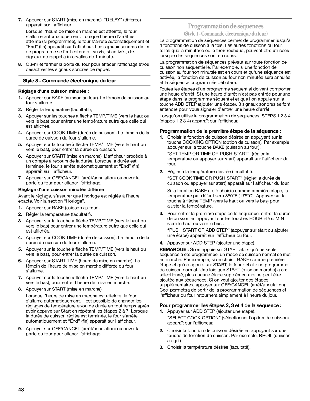 Whirlpool W10017610 Programmationdeséquences, Style1 -Commande électronique dufour, Style 3 Commande électronique du four 