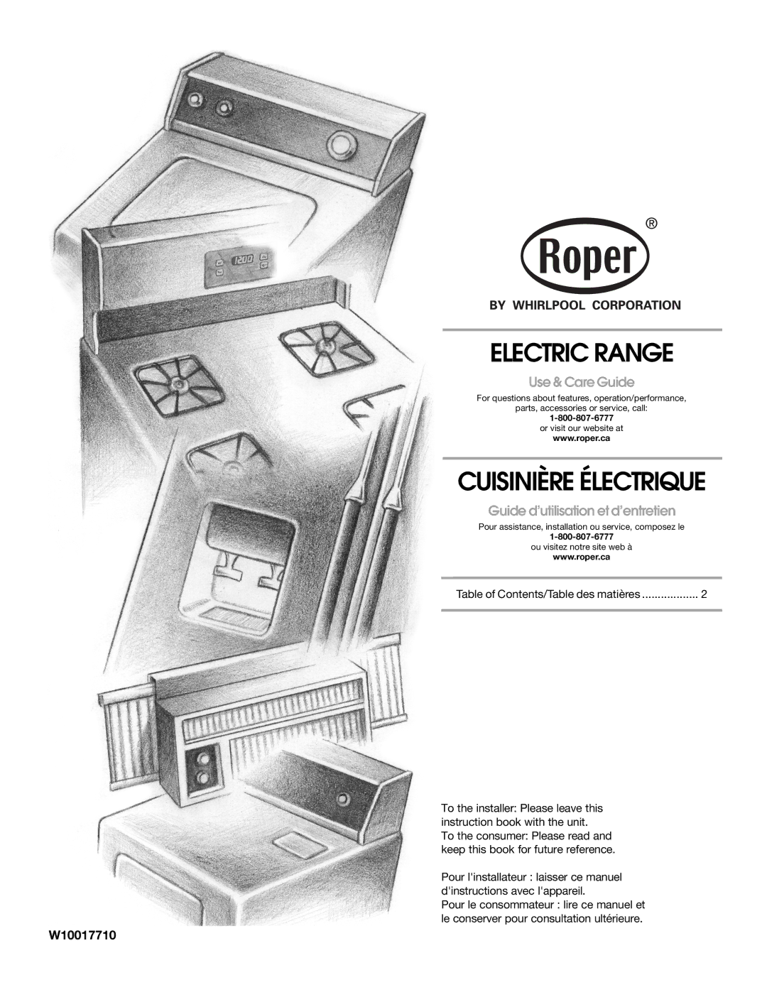 Whirlpool W10017710 manual Electric Range 