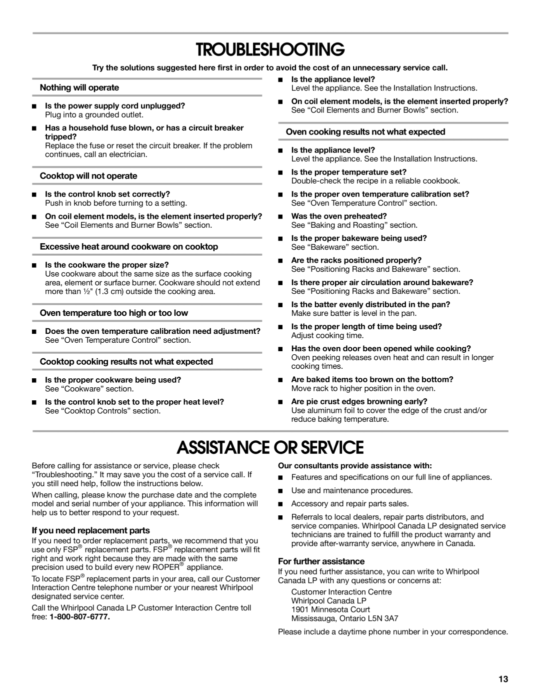 Whirlpool W10017710 manual Troubleshooting, Assistance or Service 