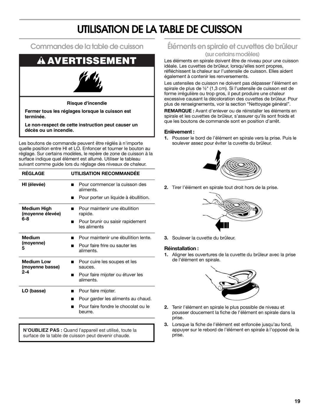 Whirlpool W10017710 manual Utilisation DE LA Table DE Cuisson, Commandes de la table de cuisson, Enlèvement, Réinstallation 