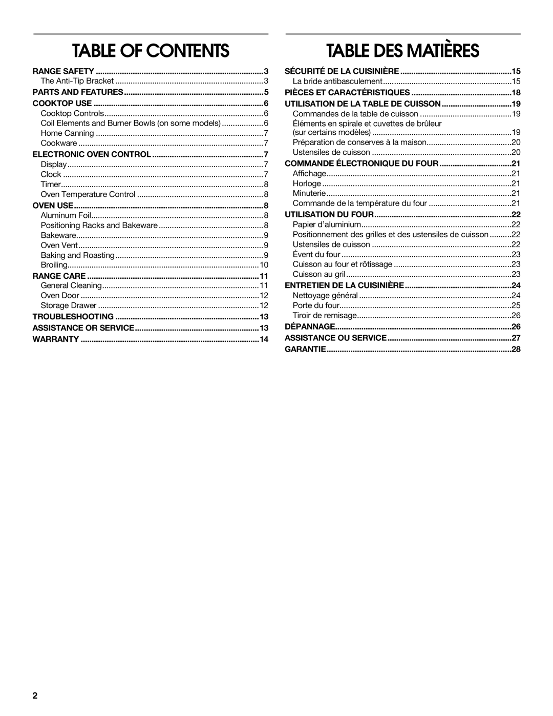 Whirlpool W10017710 manual Table DES Matières 