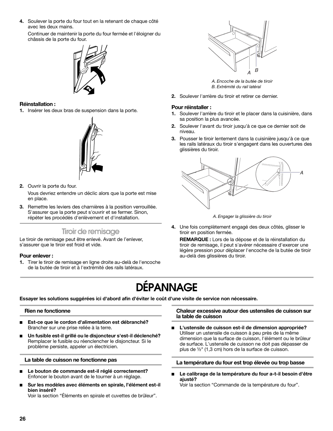 Whirlpool W10017710 manual Dépannage, Tiroir de remisage 