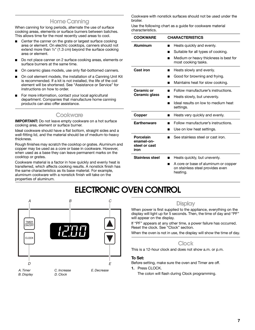 Whirlpool W10017710 manual Electronic Oven Control, Home Canning, Cookware, Display, Clock 