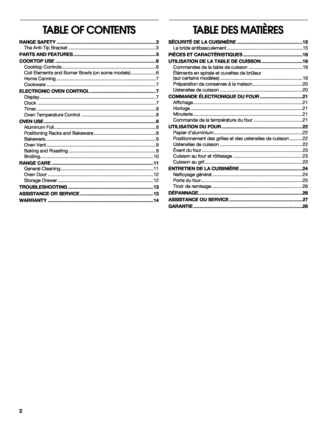 Whirlpool W10017710 manual Table Des Matières, Table Of Contents 