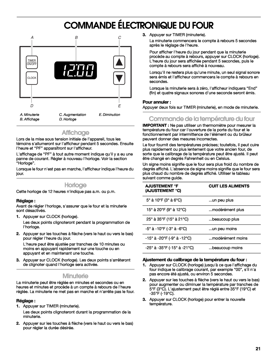 Whirlpool W10017710 manual Commande Électronique Du Four, Affichage, Horloge, Minuterie, Commande de la température du four 