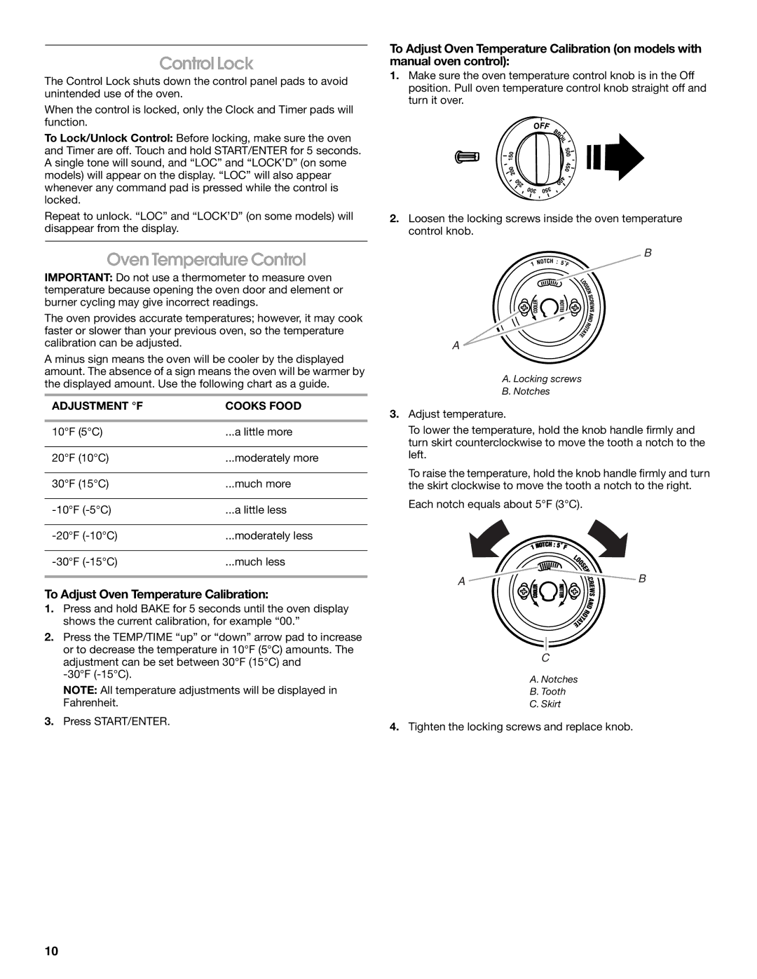 Whirlpool W10017720 manual Control Lock, Oven Temperature Control, To Adjust Oven Temperature Calibration 