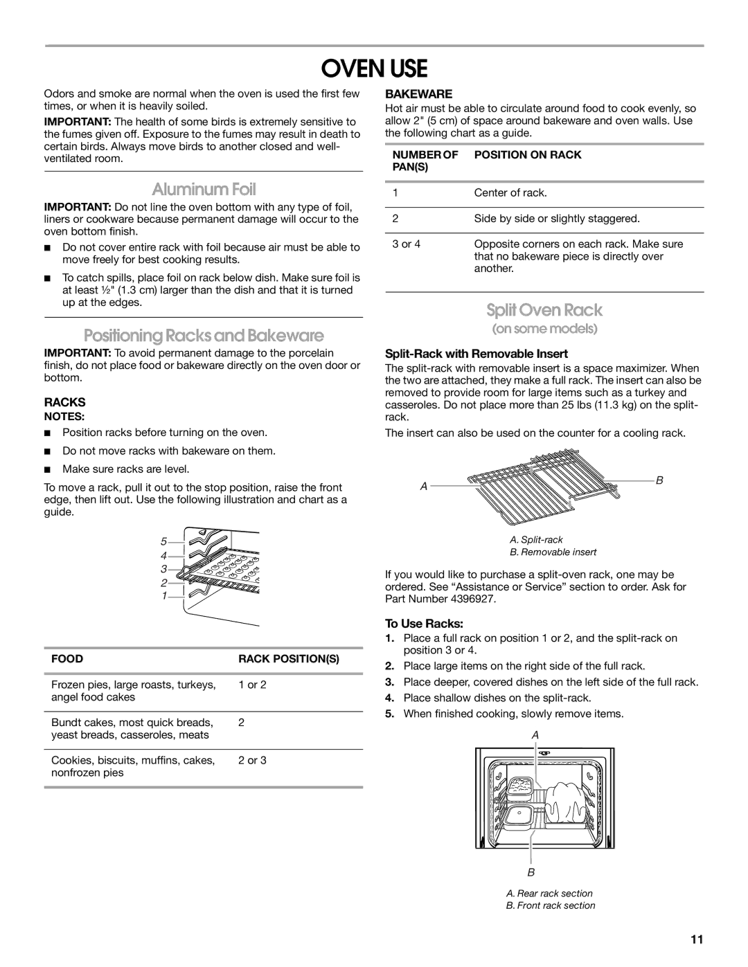 Whirlpool W10017720 manual Oven USE, Aluminum Foil, Positioning Racks and Bakeware, Split Oven Rack 