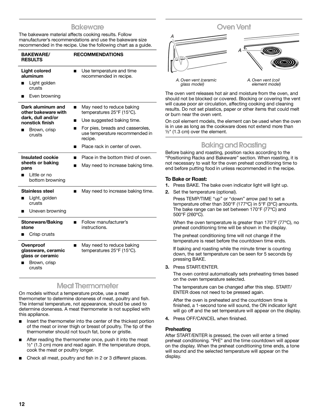 Whirlpool W10017720 manual Bakeware, Oven Vent, Baking and Roasting, Meat Thermometer 