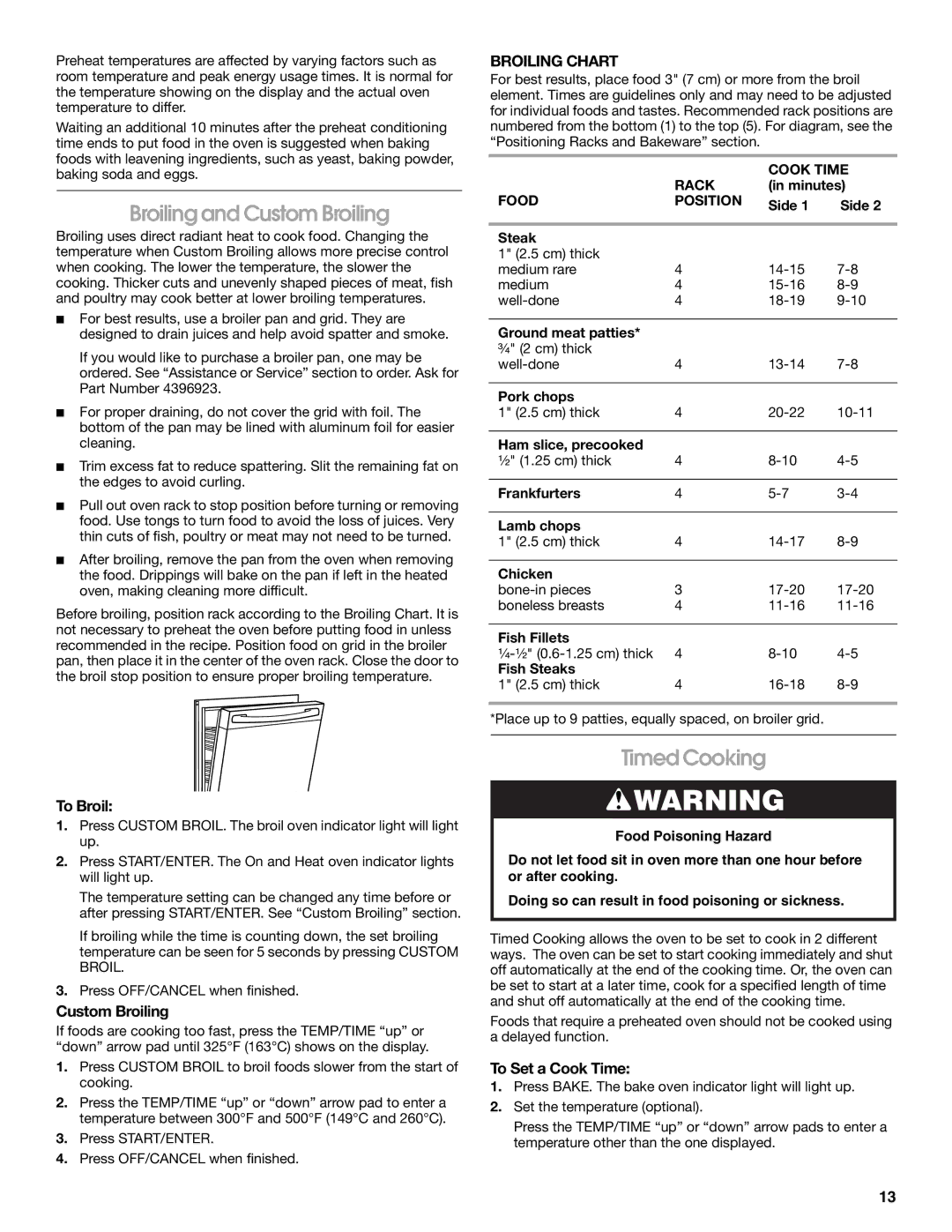 Whirlpool W10017720 manual Broiling and Custom Broiling, Timed Cooking, Broiling Chart 