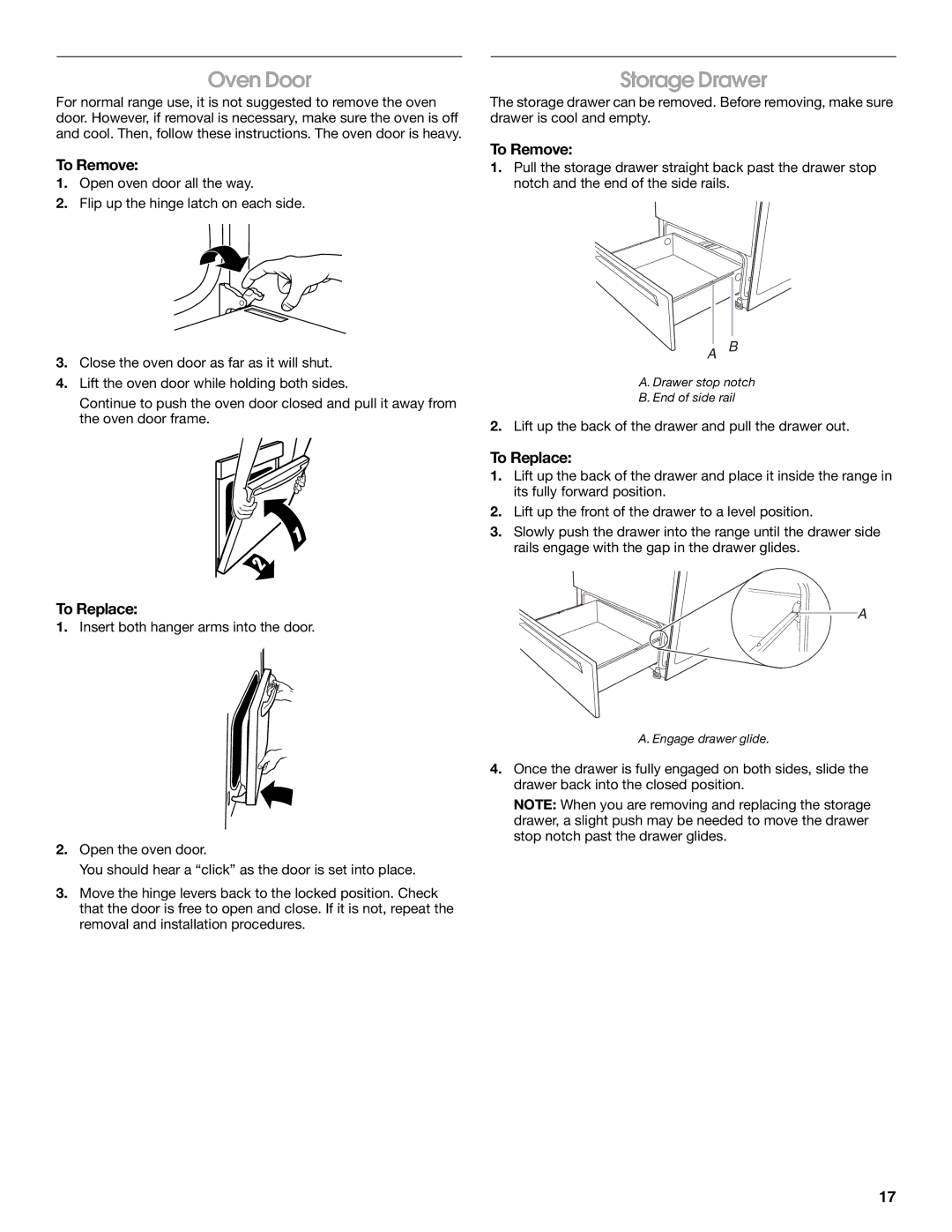 Whirlpool W10017720 manual Oven Door, Storage Drawer 