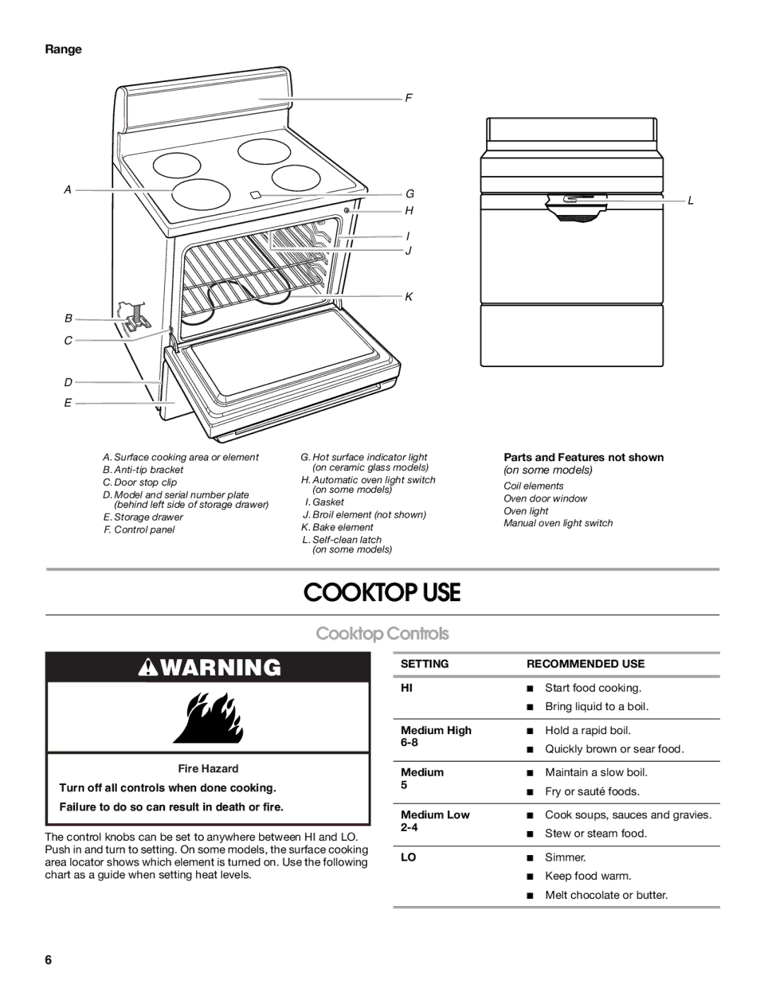 Whirlpool W10017720 manual Cooktop USE, Cooktop Controls, Range, Setting Recommended USE 