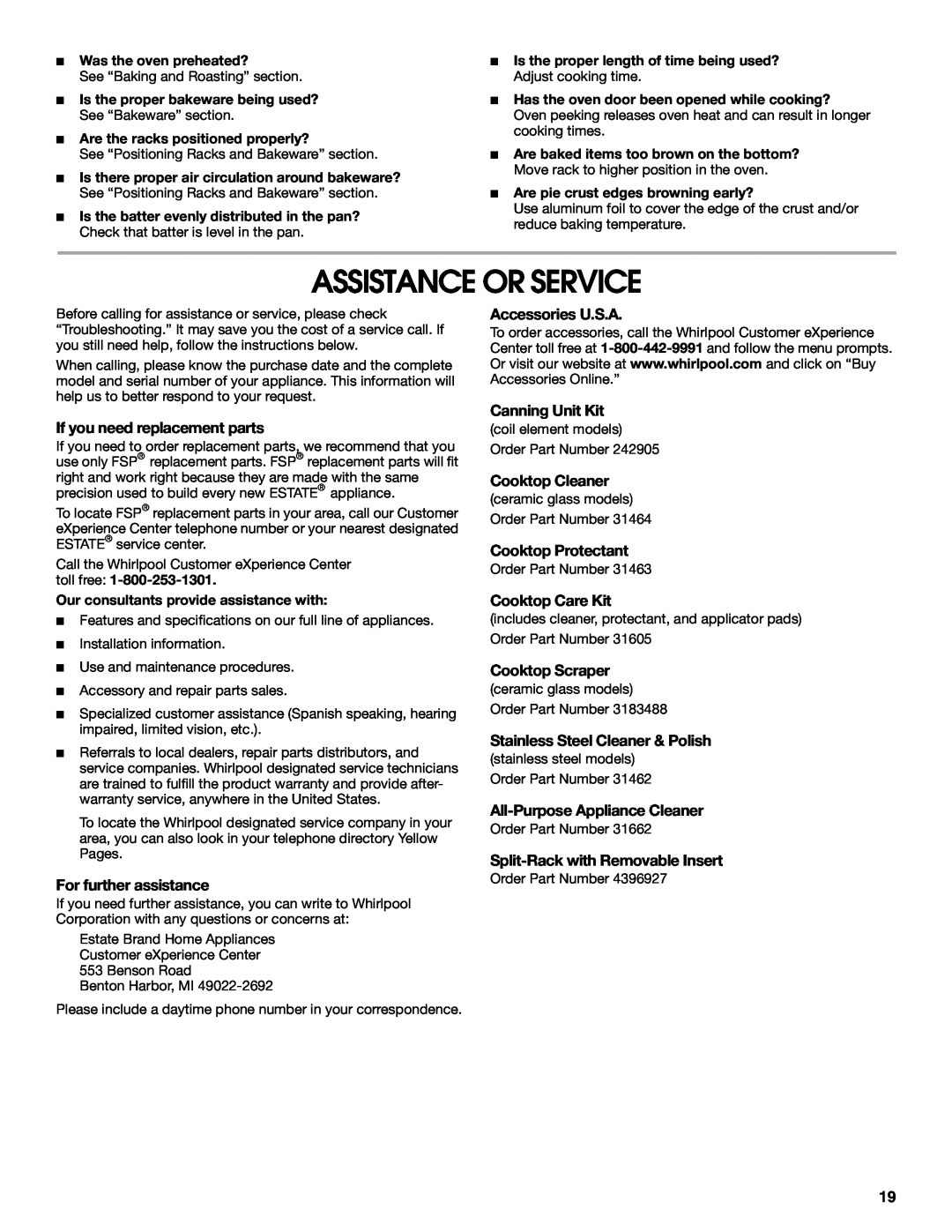 Whirlpool W10017720 manual Assistance Or Service, If you need replacement parts, For further assistance, Accessories U.S.A 