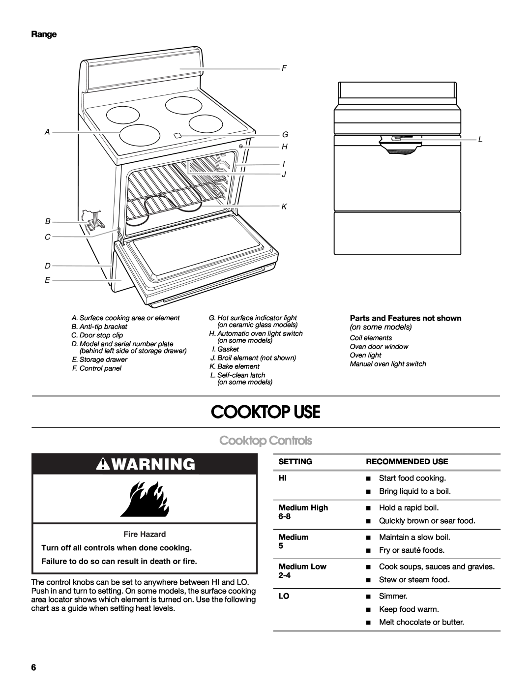 Whirlpool W10017720 manual Cooktop Use, Cooktop Controls, Range, F A G H I J K B C D E, Fire Hazard, on some models 