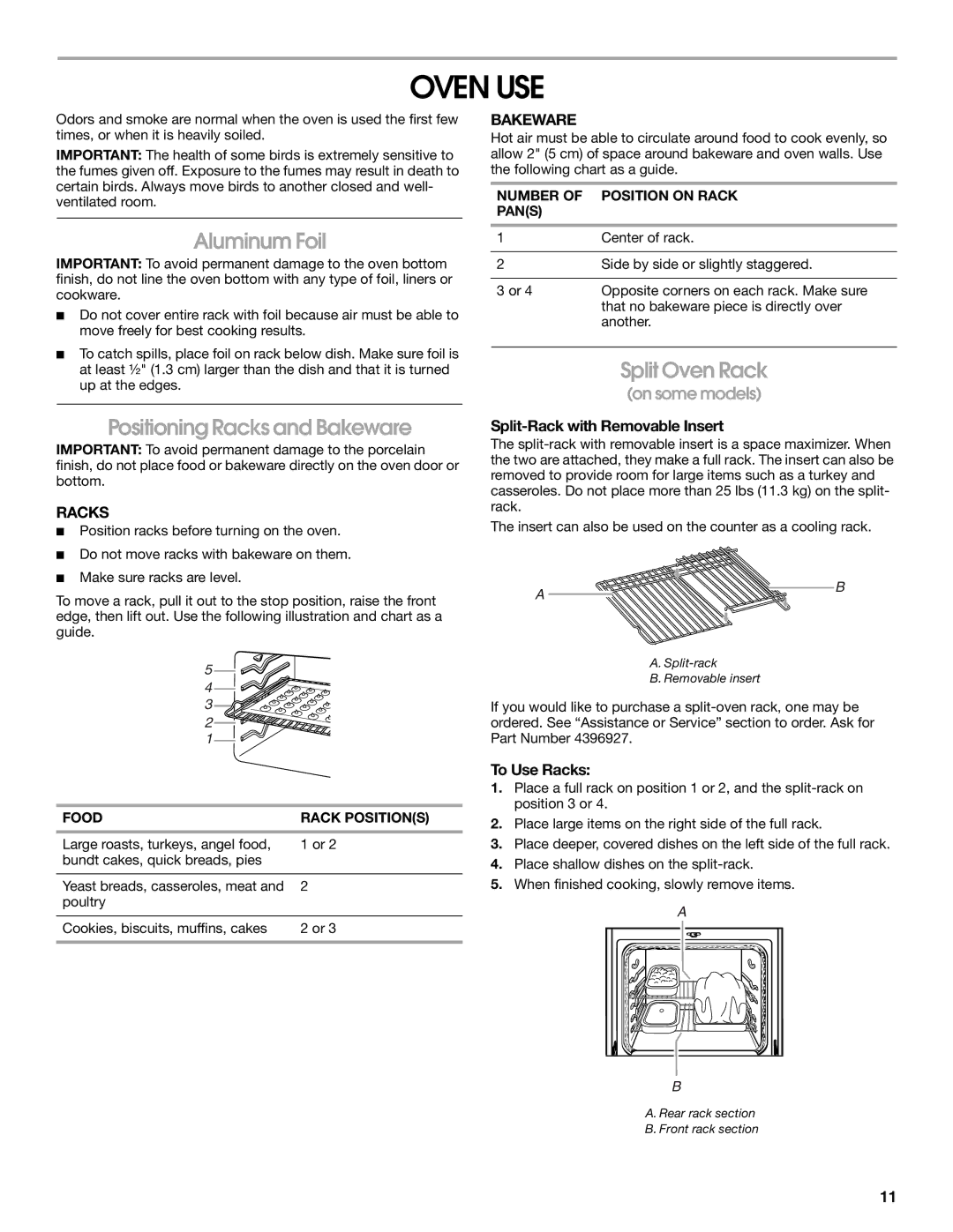 Whirlpool W10017750B2 manual Oven USE, Aluminum Foil, Positioning Racks and Bakeware, Split Oven Rack 