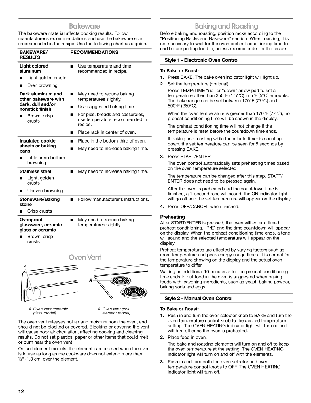 Whirlpool W10017750B2 manual Bakeware, Oven Vent, Baking and Roasting 