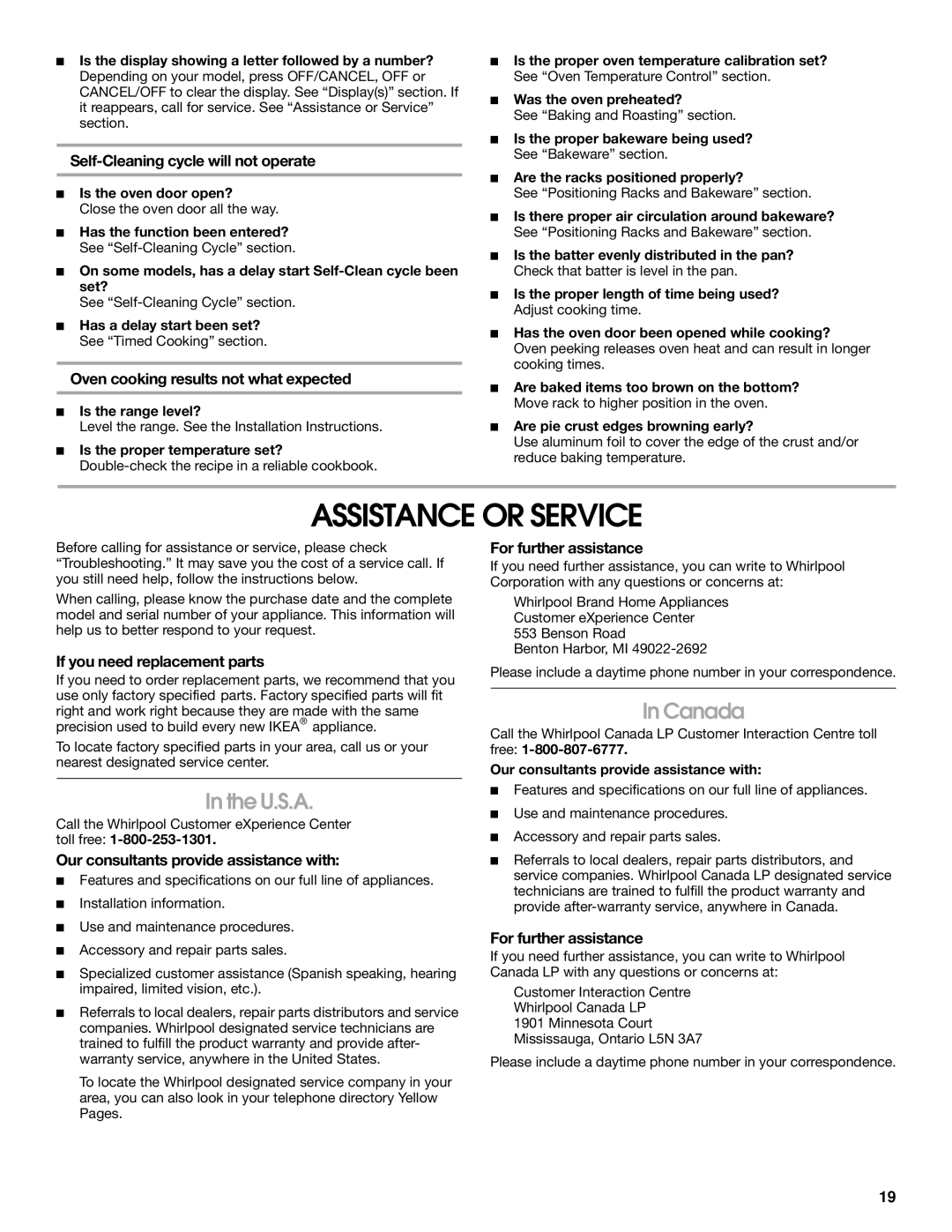 Whirlpool W10017750B2 manual Assistance or Service, U.S.A, Canada 