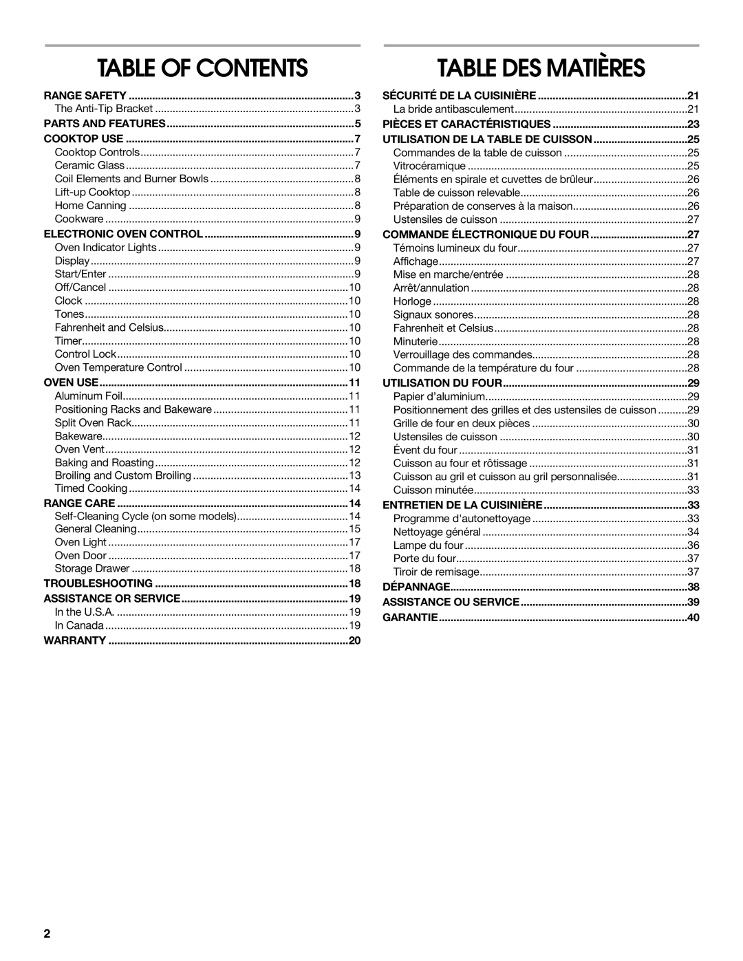 Whirlpool W10017750B2 manual Table DES Matières 