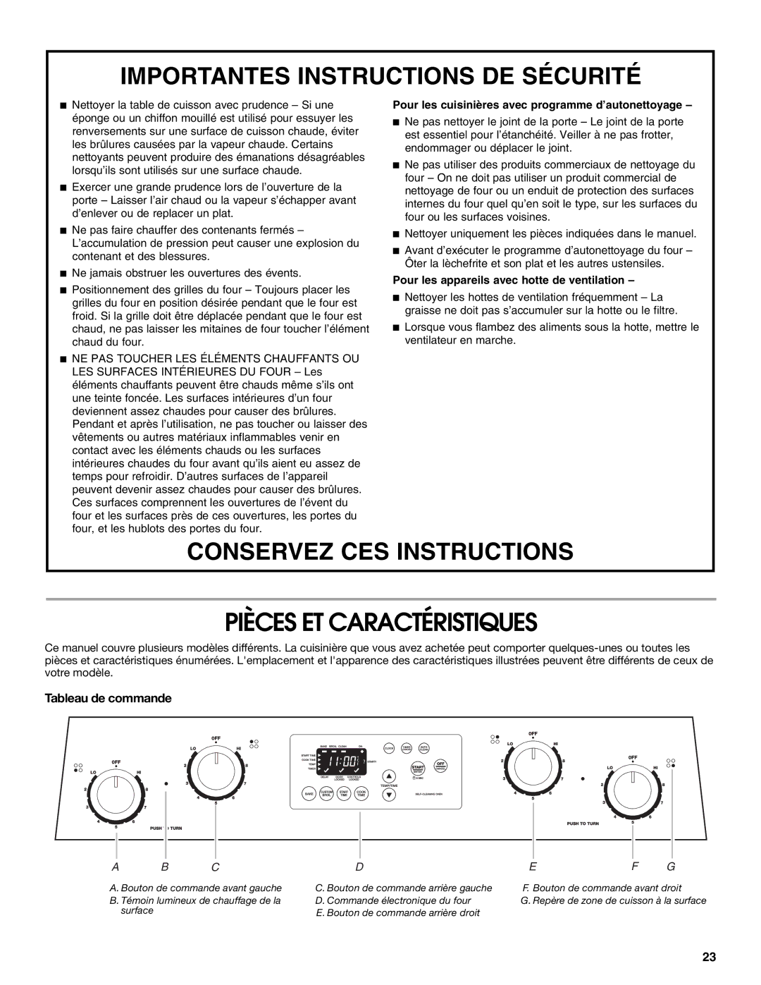 Whirlpool W10017750B2 manual Pièces ET Caractéristiques, Tableau de commande 