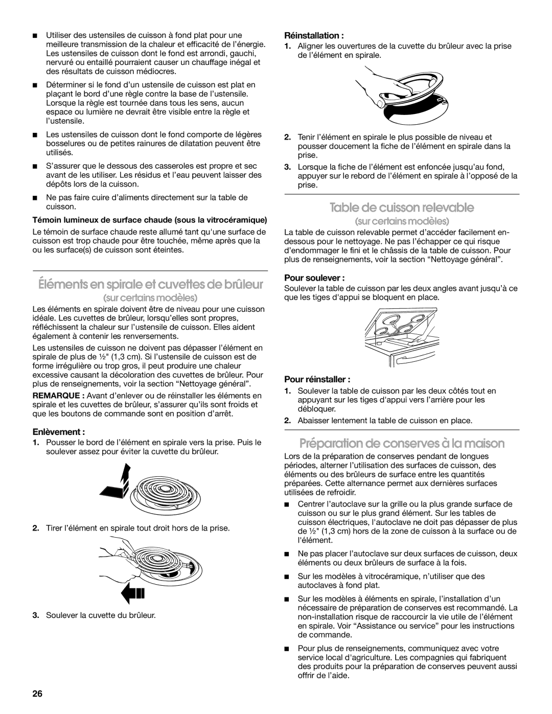 Whirlpool W10017750B2 manual Table de cuisson relevable, Éléments en spirale et cuvettes de brûleur 