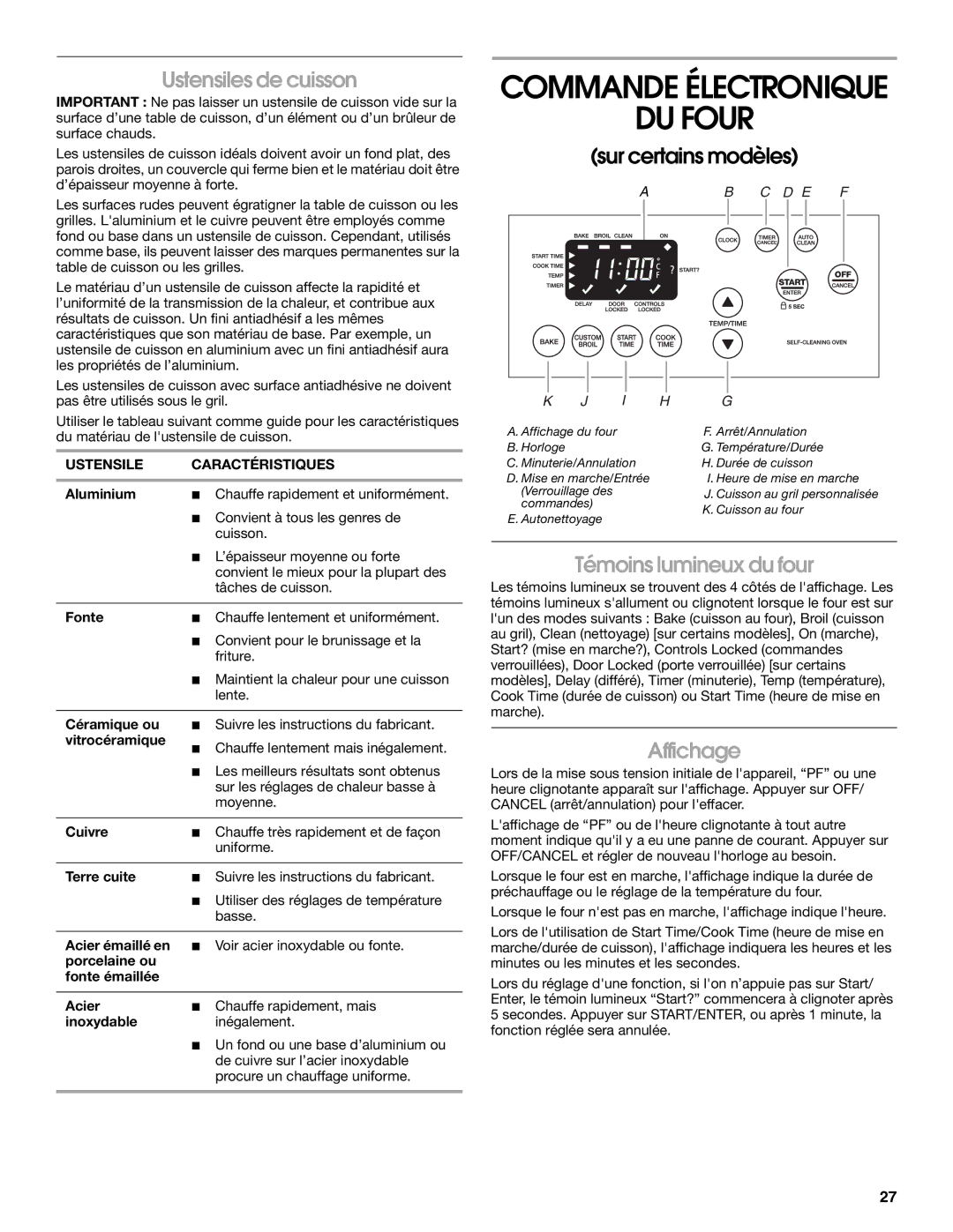 Whirlpool W10017750B2 manual Commande Électronique DU Four, Ustensiles de cuisson, Témoins lumineux du four, Affichage 