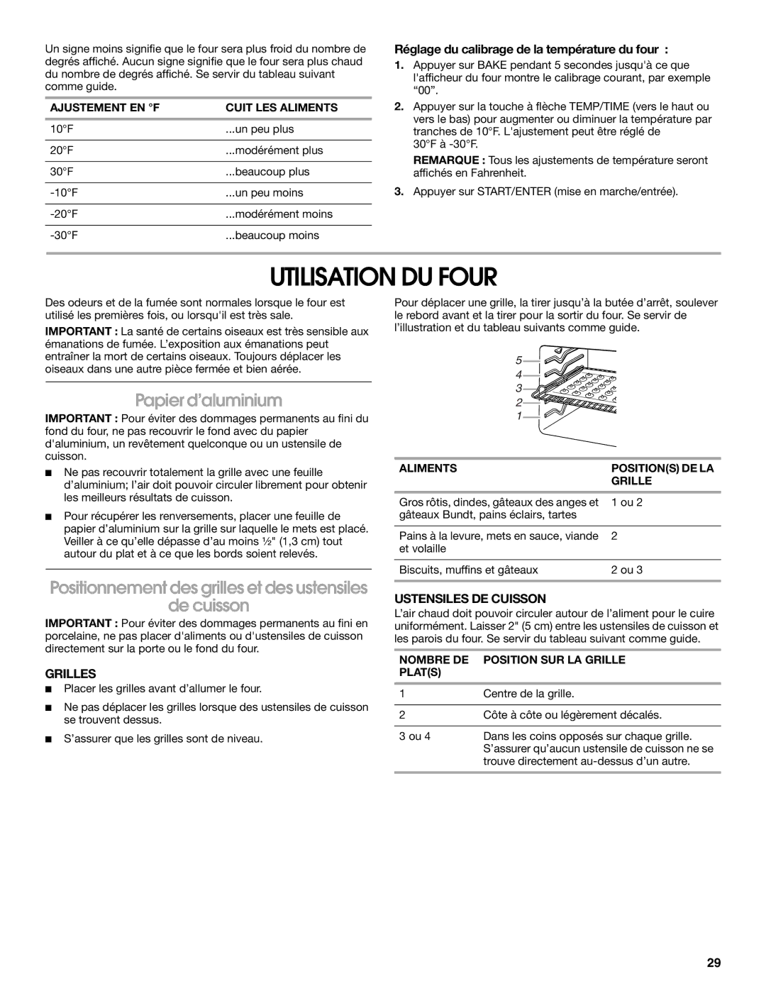 Whirlpool W10017750B2 manual Utilisation DU Four, Papier d’aluminium, De cuisson, Grilles, Ustensiles DE Cuisson 