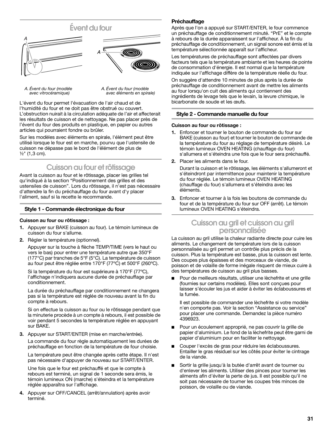 Whirlpool W10017750B2 manual Évent du four, Cuisson au four et rôtissage, Cuisson au gril et cuisson au gril Personnalisée 