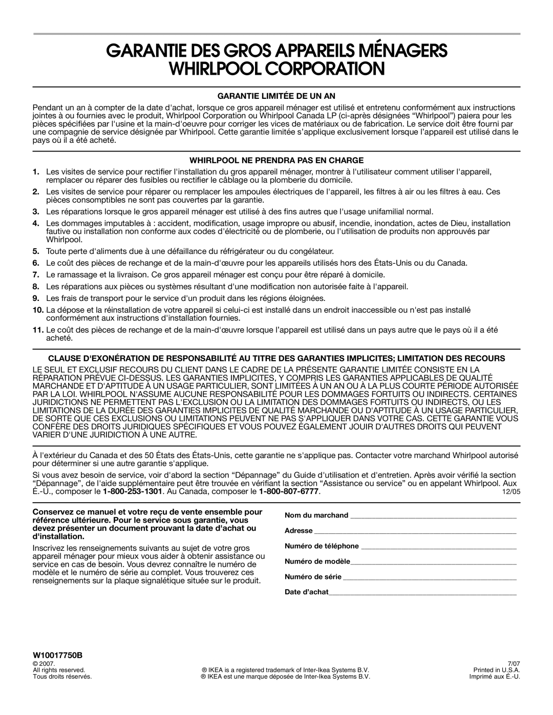 Whirlpool W10017750B2 manual Garantie DES Gros Appareils Ménagers Whirlpool Corporation, Garantie Limitée DE UN AN 