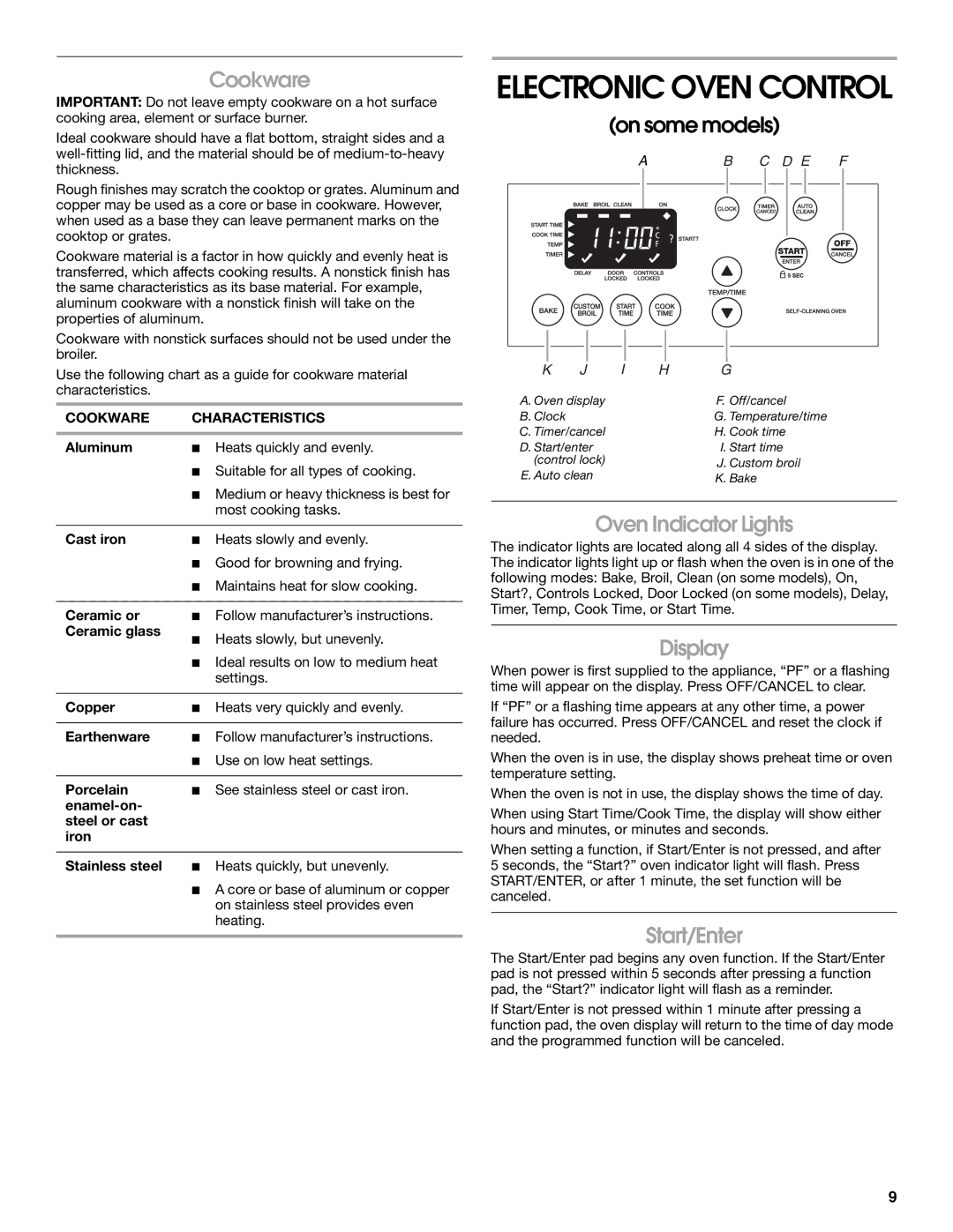 Whirlpool W10017750B2 manual Oven Indicator Lights, Display, Start/Enter, Cookware Characteristics 