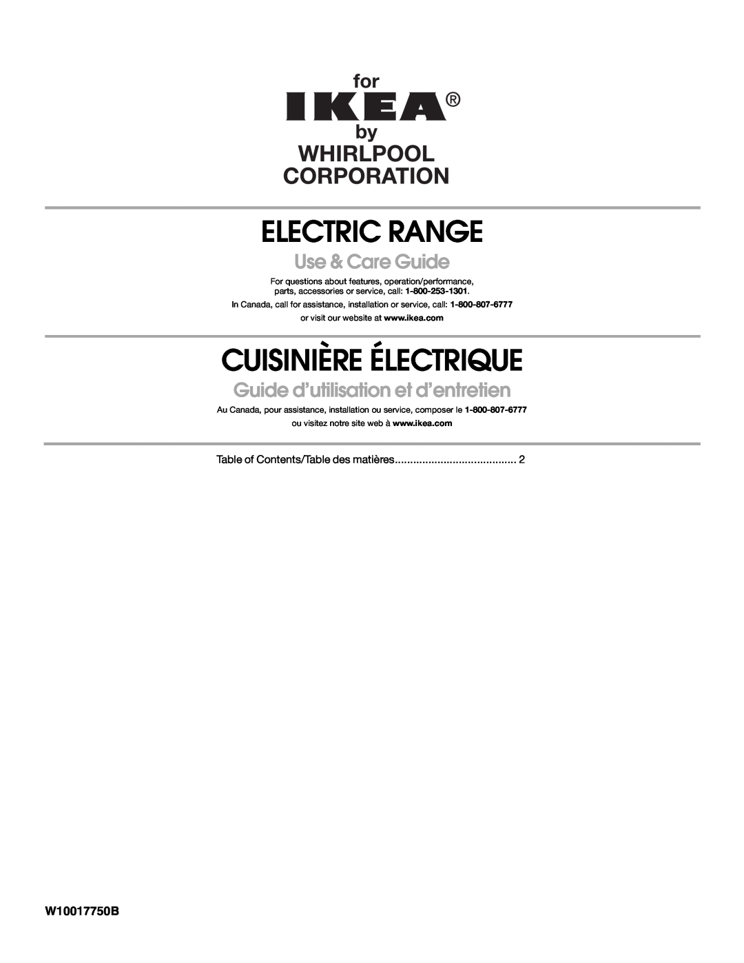 Whirlpool W10017750B2 manual Electric Range, Cuisinière Électrique, Use & Care Guide, Guide d’utilisation et d’entretien 