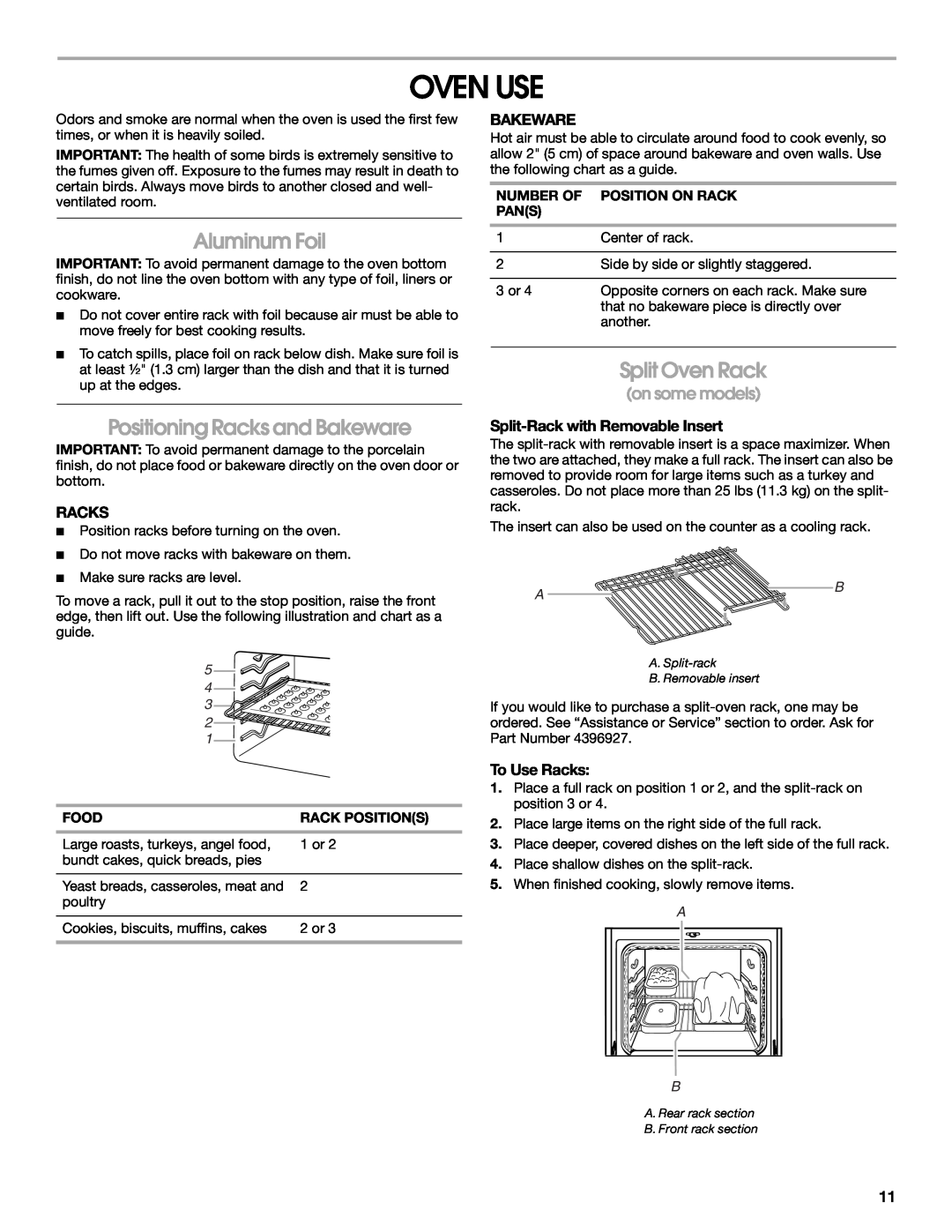 Whirlpool W10017750B2 manual Oven Use, Aluminum Foil, Positioning Racks and Bakeware, Split Oven Rack, To Use Racks 