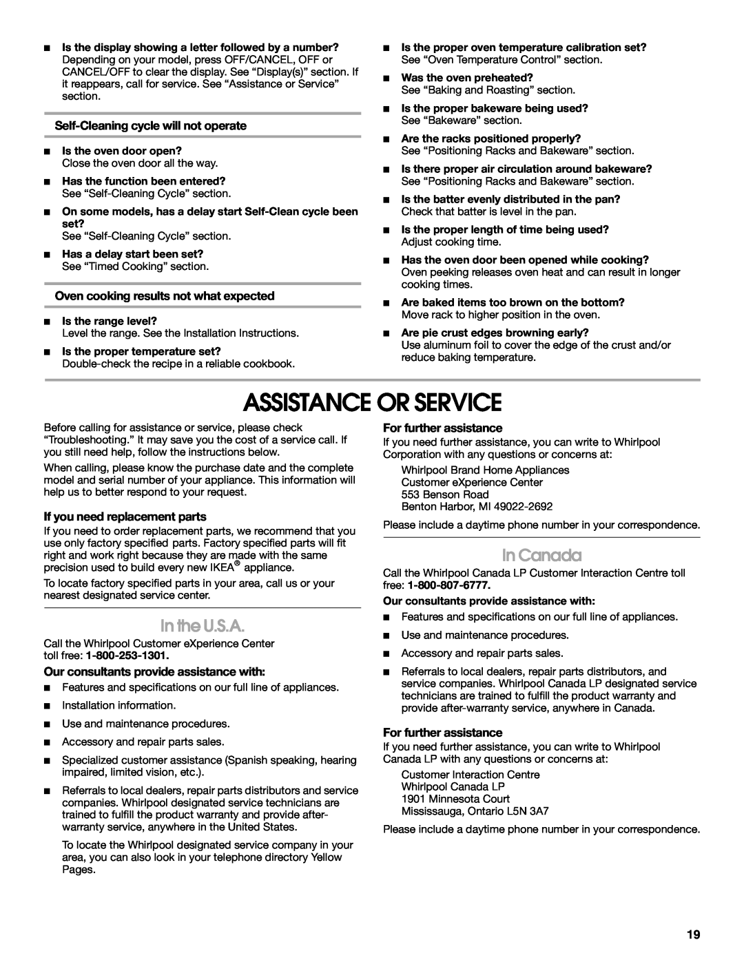 Whirlpool W10017750B2 manual Assistance Or Service, In the U.S.A, In Canada, Self-Cleaningcycle will not operate 