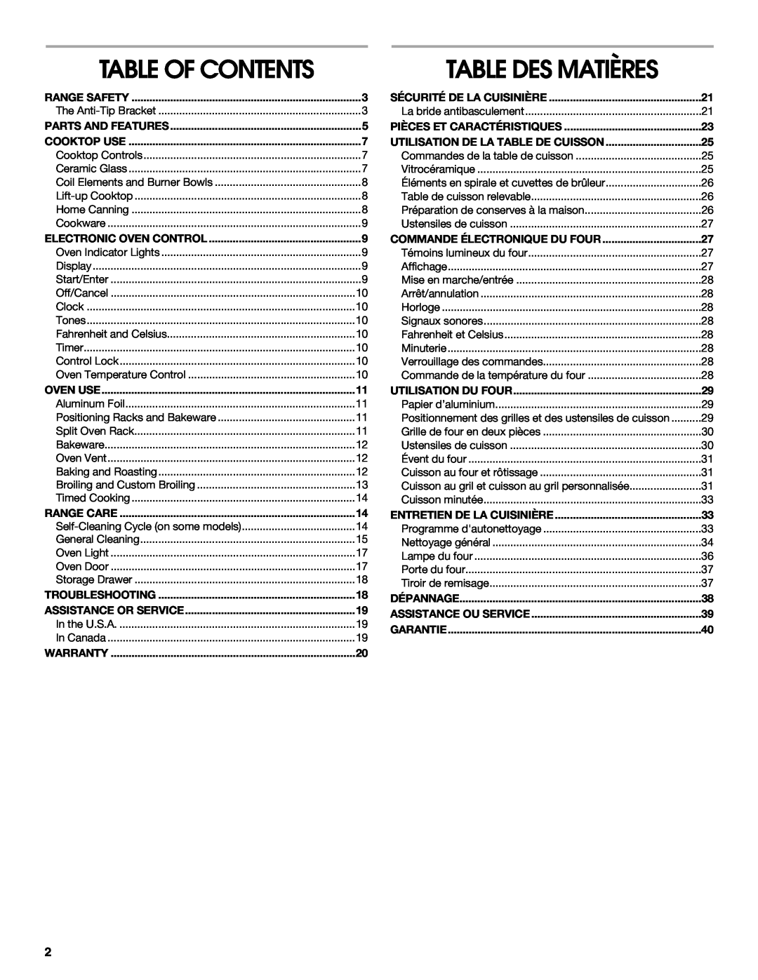 Whirlpool W10017750B2 manual Table Des Matières, Table Of Contents 